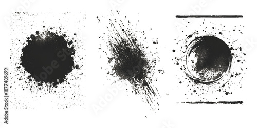 Abstract black ink paint grunge brush stroke border set background. grungy rough brushstrokes splatter stains dirty textured and transparent background vector collection.