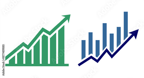 Set of two bar chart icons featuring upward arrows in professional green and blue gradients. Modern vector symbols for business growth, financial analytics, and corporate success