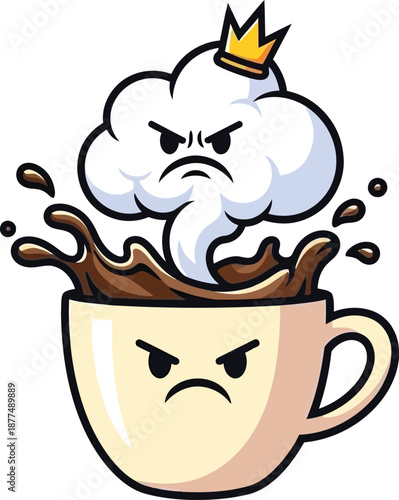An angry coffee cup with a fuming, angry steam cloud wearing a crown, a humorous and grumpy concept