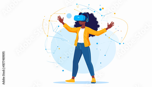 Virtual Reality Experience, Young Woman, Digital Space, Illustration, Interactive, Engaging Technology
