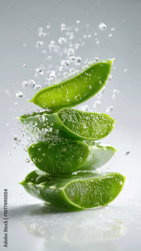 Obraz premium Fresh aloe vera slices splashing water droplets