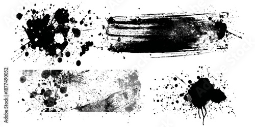 Abstract black ink paint grunge brush stroke border set background. grungy rough brushstrokes splatter stains dirty textured and transparent background vector collection.