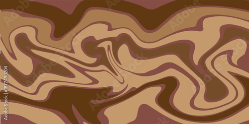 Retro coffee color background. Milk chocolate liquid dessert texture. Wavy swirl candy pattern for poster, cover, banner, pamphlet. Vintage brown trippy hippie wallpaper in 60s or 70s style. Vector