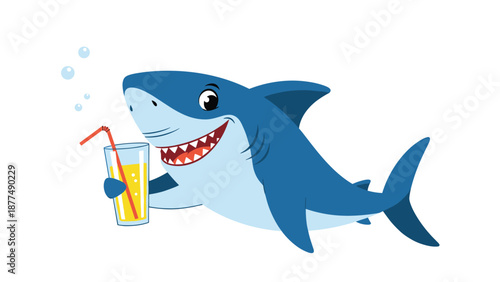 Friendly blue cartoon shark smiling and holding a tall glass of orange juice with a straw while bubbles float in the water.
