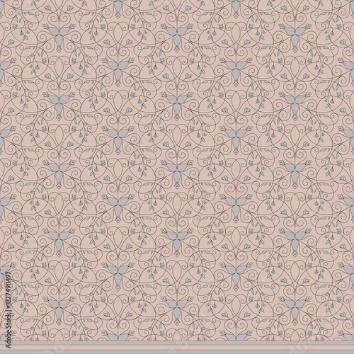 Elegant seamless floral scroll border pattern with delicate line art. Designed for horizontal repeat with decorative bottom stripe. Soft blush pink and gray palette, ideal for wallpaper, fabric, and s