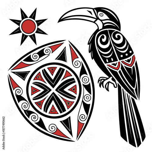 Stylized tribal toucan bird emblem vector with bold shapes and ethnic pattern. Perfect for logo, tattoo, branding, and apparel design.