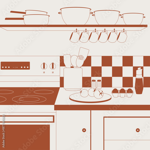 Modern minimal kitchen interior illustration featuring cookware on shelves, hanging mugs, stove, countertop with tomatoes, eggs, oil bottle, and kitchen utensils.