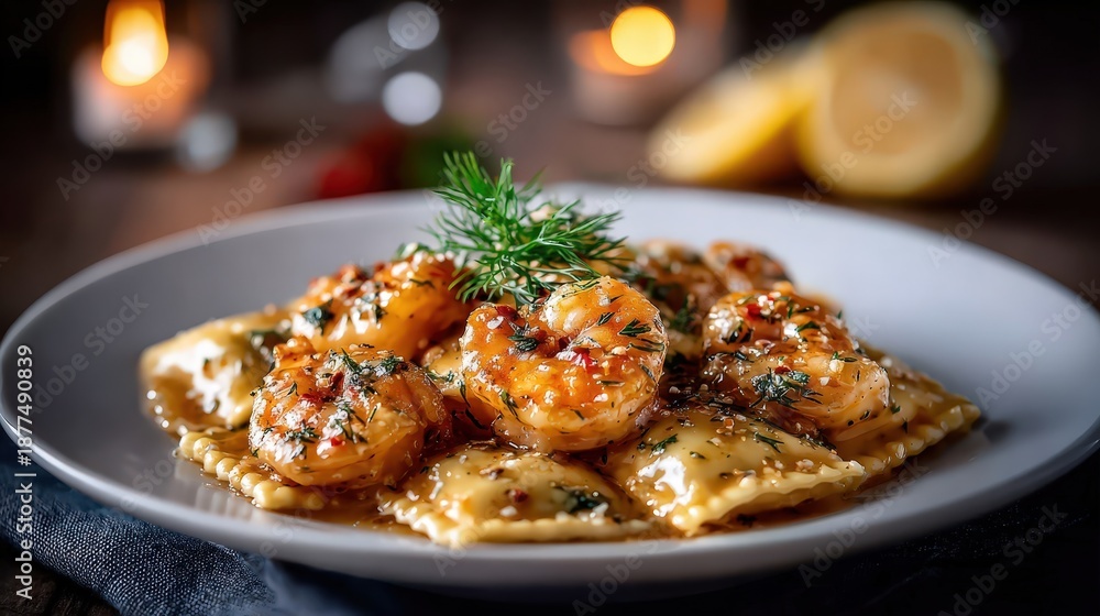 Naklejka premium Ravioli pasta with shrimp and dill in creamy sauce