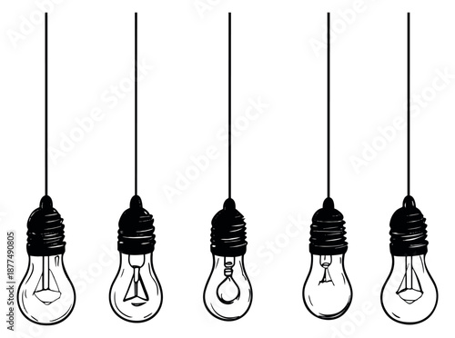 Hand drawn line art light bulb set featuring hanging bulbs with different filaments for creative design projects