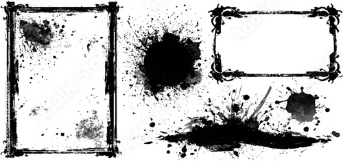 Abstract black ink paint grunge brush stroke border set background. grungy rough brushstrokes splatter stains dirty textured and transparent background vector collection.