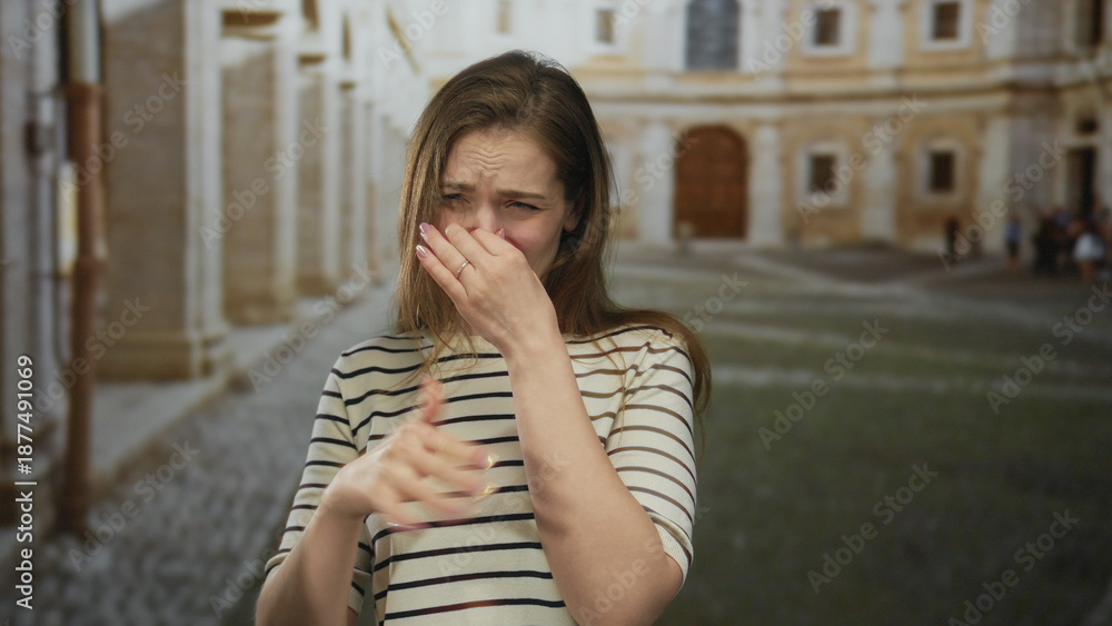 Fototapeta premium Young woman in striped shirt pinches nose with hand over mouth on street in old town; disgust discomfort.