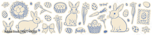 Easter doodle big collection. Trendy decorative elements, eggs, bunnies, flowers, nest, carrot, postage stamp, baskets. Vector set with Easter symbols for decoration of Easter events, cards, posters.
