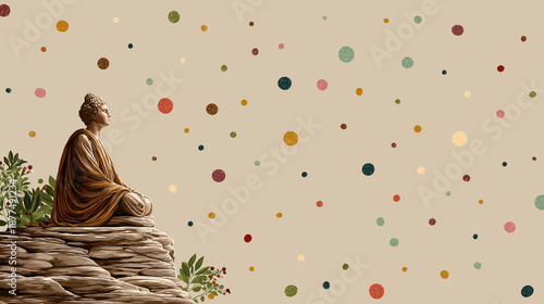 Serene Meditation: A meditative figure sits atop a stone cliff, immersed in tranquility with a serene demeanor. Colorful dots create a harmonious backdrop in a beautiful, artistic style.