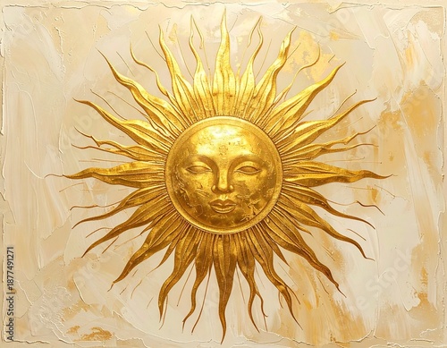 Golden Sun Face Radiating Light and Energy on a Textured Background, Artistic Celestial Representation.