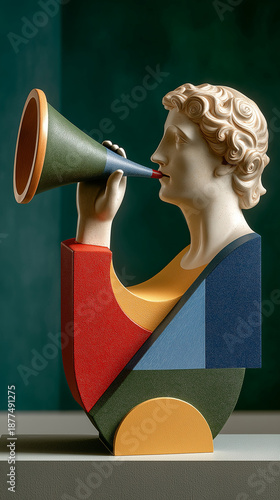 Geometric Muse: A visually striking sculpture. Combining classical artistry with modern geometric forms. The artwork captures an innovative, contemporary, and imaginative spirit.