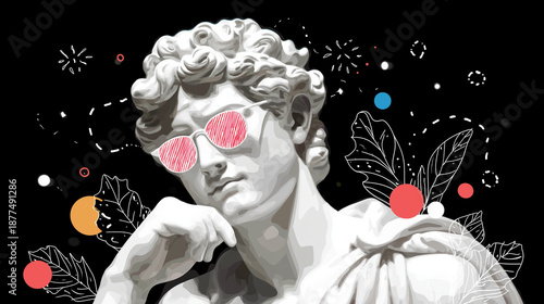 David with Shades: Classic sculpture wears stylish shades against a vibrant backdrop, artfully blending the timeless with modern flair.