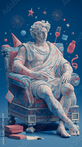 Celebratory Statue: A stately sculpture of a man, adorned with a festive hat, relaxes on a decorative chair, with celebratory elements and stars floating around him.