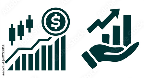 Financial growth icon set featuring a candlestick stock chart with a dollar coin and a hand supporting a rising bar graph. Solid dark teal vector symbols for trading and success