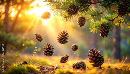 Golden Sunlight Illuminates Pine Cones in a Forest, Creating a Serene Scene.