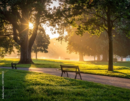 Golden Sunrise Illuminates Park Scene with Benches and Lush Greenery.