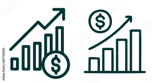 Financial profit icon set featuring bar charts with upward arrows and dollar signs. Minimalist dark green outline vector symbols for business success and investment tracking