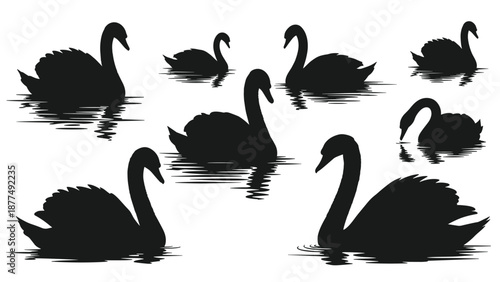 Multiple black silhouettes of graceful swans swimming peacefully on a calm water surface shown in a repeating pattern style.