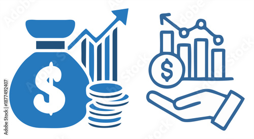 Financial investment icon set featuring a money bag with dollar sign, stacks of coins, and a hand holding a growth chart. Professional blue vector symbols for banking and business
