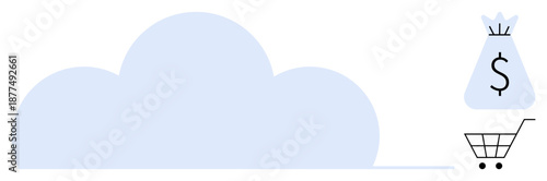 Cloud with a money bag and shopping cart icon, suggesting digital transactions, e-commerce, cloud storage, and online business. Ideal for digital banking, online payment, cloud computing, and finance