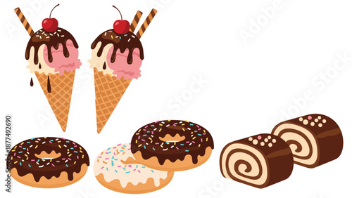 Selection of delicious sweet treats including ice cream cones with cherries, chocolate donuts with sprinkles, and cake rolls.