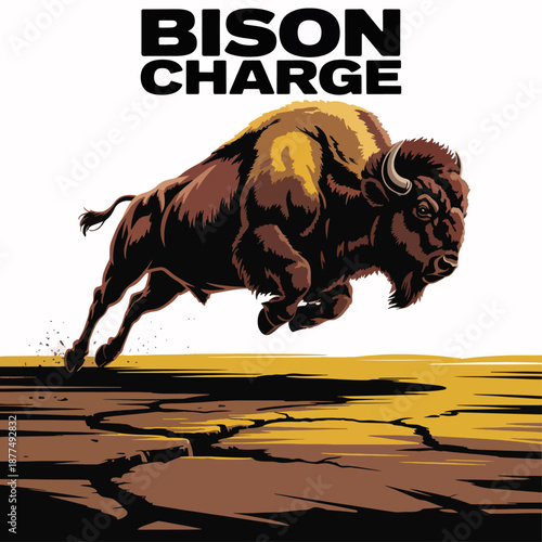 Bison Charge illustration of a buffalo running across cracked prairie at sunset, powerful western wildlife artwork for outdoor posters, badges and apparel