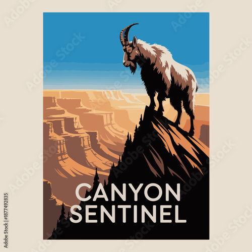 Canyon Sentinel mountain goat on cliff rim above desert gorge at sunset, bold southwest wildlife poster style art for nature, travel and outdoor branding