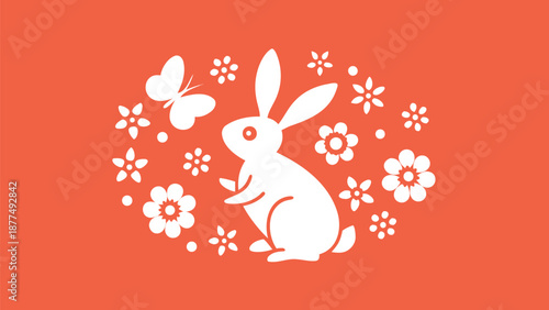 Whimsical white rabbit and butterfly floral design