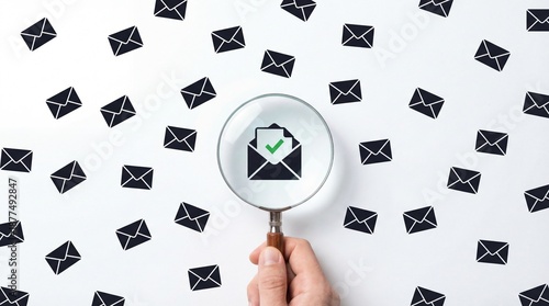 Hand holding magnifying glass over verified email icon among many envelopes