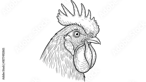 Detailed black and white line drawing of a rooster head showing intricate feathers, a large comb, and prominent wattles.