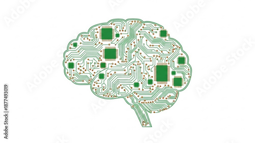 Circuit board brain with green pathways and microchips on white background symbolizing artificial intelligence and technology