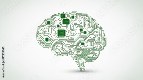 Green circuit board brain with microchips on white background symbolizing artificial intelligence and technology