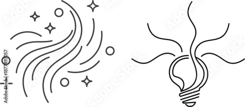 Set of abstract line art icons featuring a dynamic swirl of magic or wind with stars, and a light bulb symbolizing a brilliant idea or moment of inspiration
