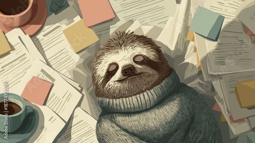 Extreme work fatigue portrayed by a sloth in office clothing surrounded by paperwork. Slow productivity, burnout syndrome, corporate overload metaphor
