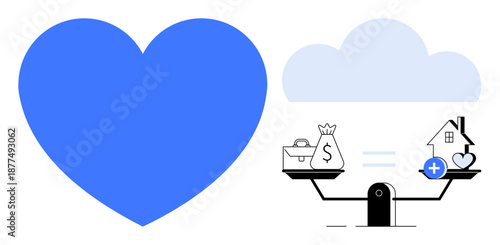 Financial balance concept. Visualizing the balance between monetary goals and emotional values, this graphic includes symbols of money, home, and heart. For financial planning, housing, investments