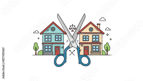 Creative illustration of a large pair of blue scissors dividing two identical houses, symbolizing property and asset division.