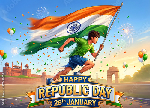 Happy Republic Day festival poster with runner carrying Indian tricolor by Red Fort and India Gate, balloons and fireworks, patriotic celebration on 26 January