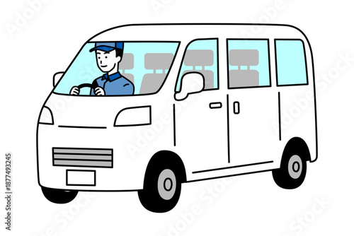 白い軽バンを運転する配達員の男性