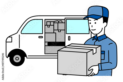 白い軽バンで荷物を届ける配達員の男性