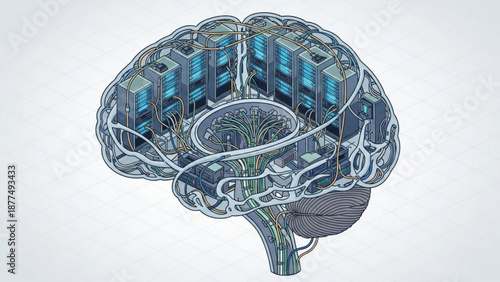 Brain with circuit board and server computers inside symbolizing artificial intelligence and technology