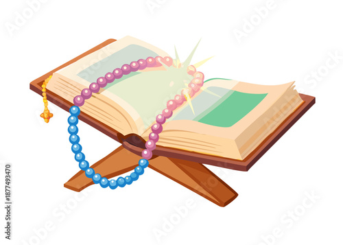 Vector art of the Holy Quran placed on a wooden stand (Rehal), with a rosary (Tasbih) and soft glow, respectful and traditional style.