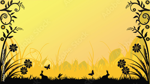Vibrant yellow background with whimsical floral silhouettes and rabbits
