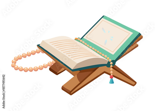 Vector art of the Holy Quran placed on a wooden stand (Rehal), with a rosary (Tasbih) and soft glow, respectful and traditional style.