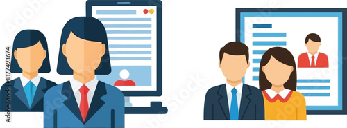 Illustration of a recruitment team reviewing online applications and candidate profiles, symbolizing modern human resources and talent acquisition strategies