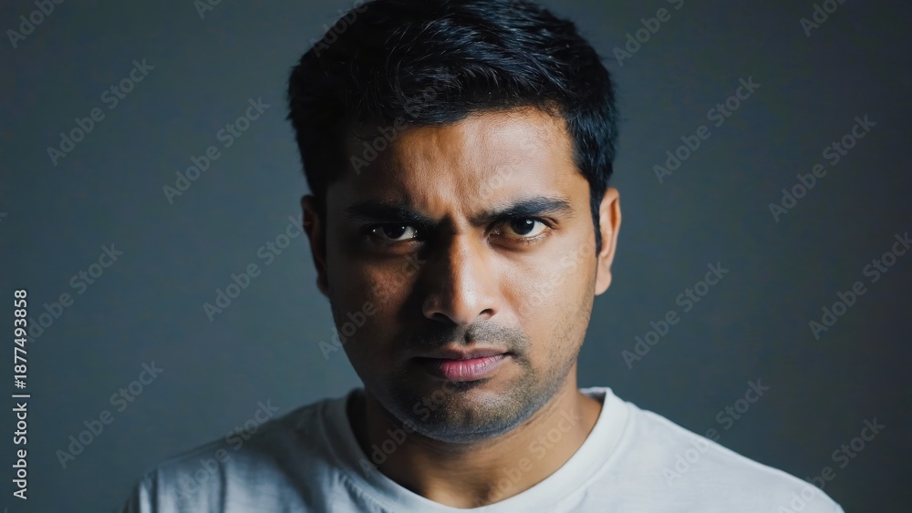 Fototapeta premium Portrait of angry South Asian man on gray background