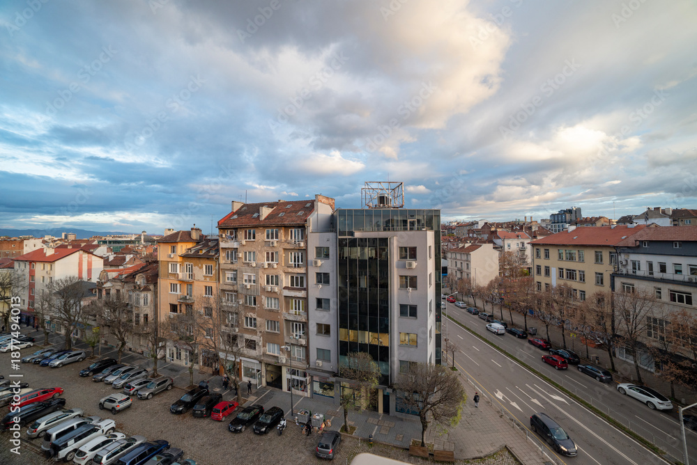 Fototapeta premium Aerial view of buildings and roads in old downtown Sofia, Bulgaria, Europe